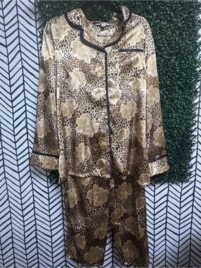 Satin Leopard Floral Pajama Set - Gold/Brown